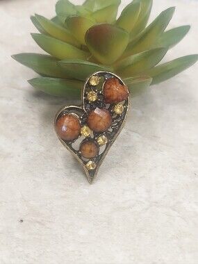 R096 Brown Crystal & Cabochon Bead Heart Adjustable Statement Women Fashion Ring